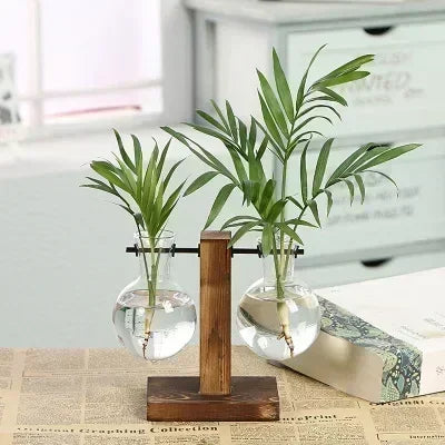 Transparent Glass Bulb Vase with Wooden Stand